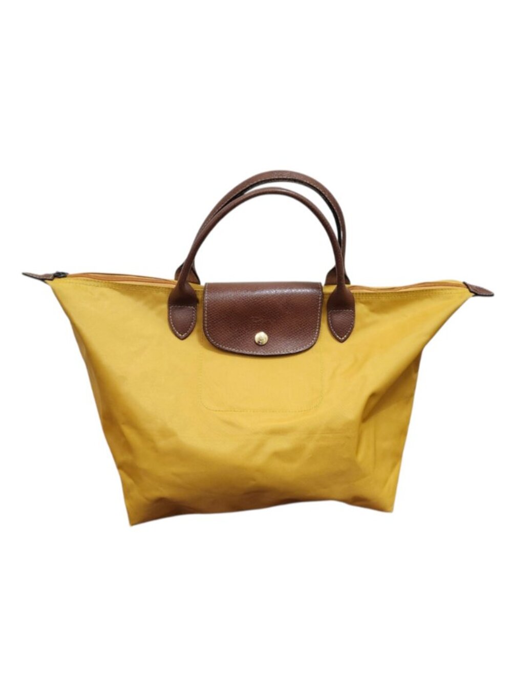 Longchamp Le Pliage Medium Tote Yellow Nylon Leather Handle Foldable Bag Authent - Picture 2 of 14